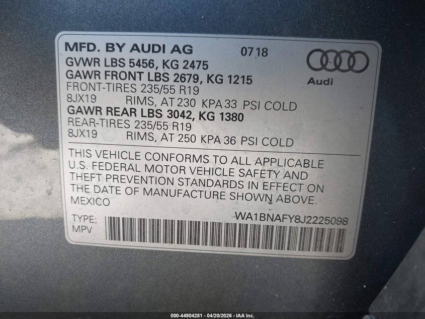 2018 Audi Q5 VIN WA1BNAFY8J2225098 IAAI salvage auction — RIGHT FRONT, Salvage (Massachusetts), sold $10,200 on 2026-07-09 (photo 9)