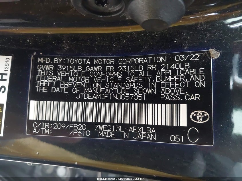 2022 Toyota Corolla VIN JTDEAMDE1NJ057051 IAAI salvage auction — LEFT SIDE, Original (Texas), sold $8,050 on 2026-07-13 (photo 9)