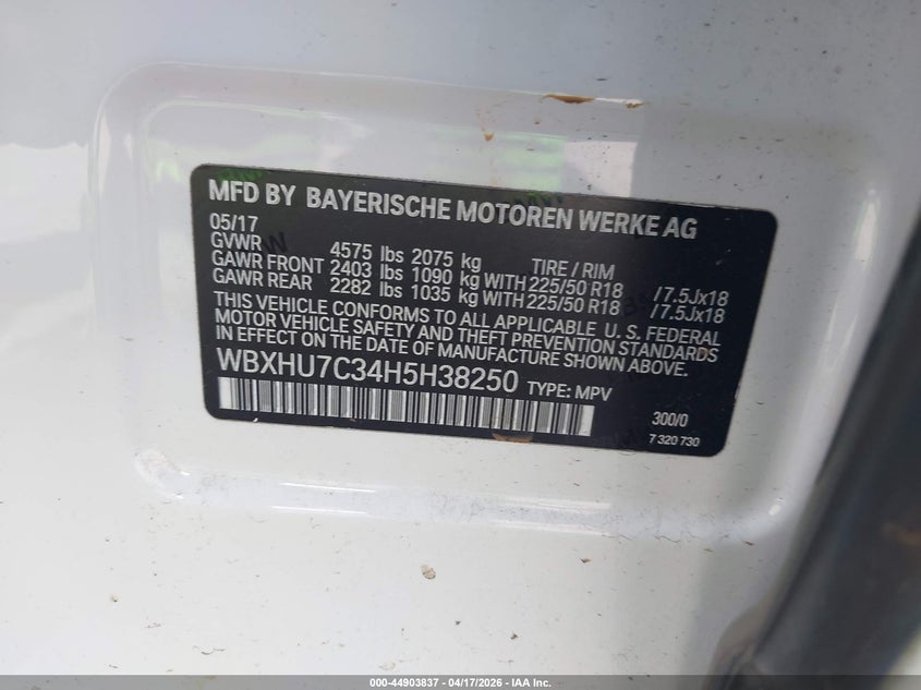 2017 BMW X1 VIN WBXHU7C34H5H38250 IAAI salvage auction — WATER/FLOOD, Salvage (Hawaii), sold $2,225 on 2026-07-14 (photo 9)
