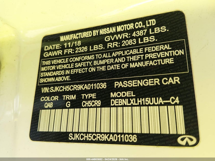 2019 Infiniti Qx30 VIN SJKCH5CR9KA011036 IAAI salvage auction — FRONT END, Salvage Title, sold $725 on 2026-07-29 (photo 9)