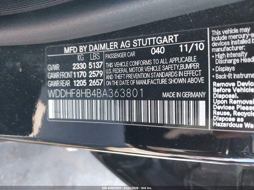 2011 Mercedes-benz E-klasse VIN WDDHF8HB4BA363801 IAAI salvage auction — LEFT FRONT, Salvage (North Carolina), sold $750 on 2026-07-15 (photo 9)