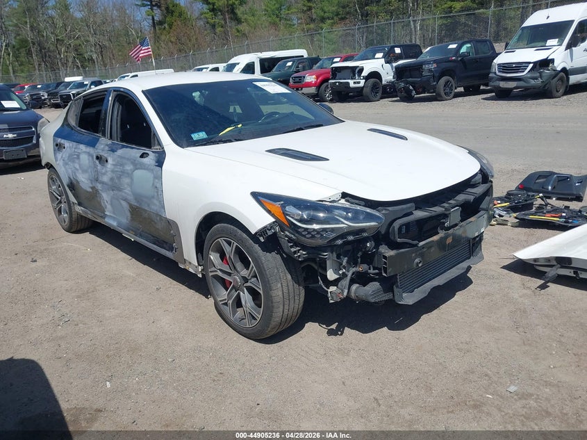 2018 Kia Stinger VIN KNAE35LCXJ6027136 IAAI salvage auction — FRONT & REAR, Salvage (Massachusetts), sold $3,000 on 2026-07-17 (photo 1)