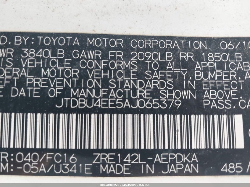 2010 Toyota Corolla VIN JTDBU4EE5AJ065379 IAAI salvage auction — FRONT END, Clear (Virginia), sold $1,100 on 2026-07-27 (photo 9)