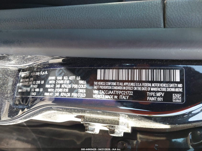 2015 Jeep Renegade VIN ZACCJAAT7FPC21722 IAAI salvage auction — FRONT END, Salvage - Greater Than 75% (Maryland), sold $625 on 2026-08-05 (photo 9)