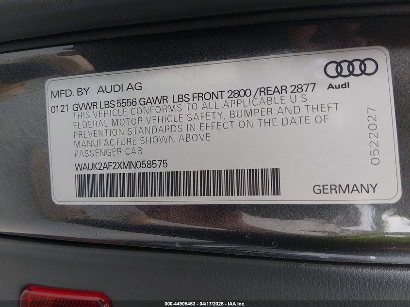 2021 Audi A6 VIN WAUK2AF2XMN058575 IAAI salvage auction — REAR END, Salvage Title, sold $14,500 on 2026-07-14 (photo 9)