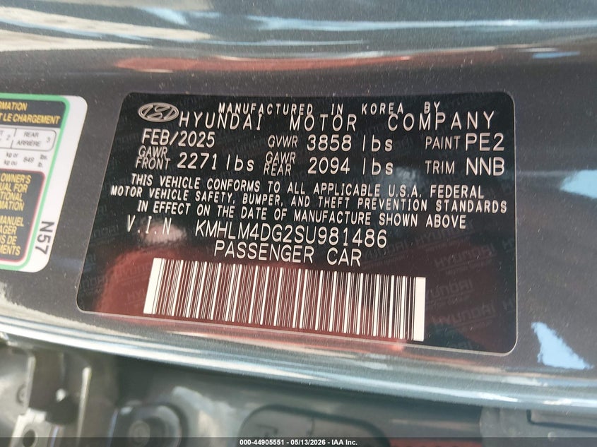 2025 Hyundai Elantra VIN KMHLM4DG2SU981486 IAAI salvage auction — REAR END, Clear (Tennessee), sold $7,850 on 2026-07-16 (photo 9)