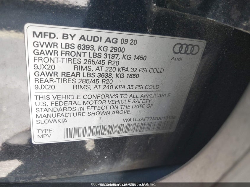 2021 Audi Q7 VIN WA1LJAF72MD013135 IAAI salvage auction — FRONT END, Rebuildable (Florida), sold $7,125 on 2026-07-23 (photo 9)