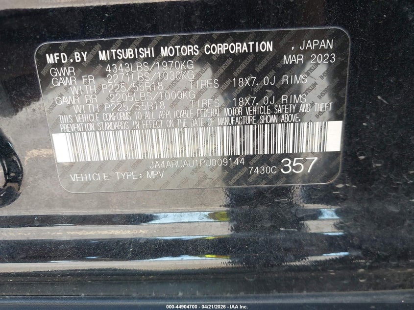 2023 Mitsubishi Outlander VIN JA4ARUAU1PU009144 IAAI salvage auction — SIDE, Salvage (South Carolina), sold $25 on 2026-07-22 (photo 9)