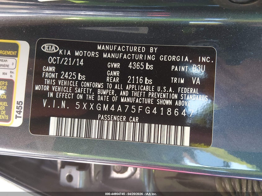 2015 Kia Optima VIN 5XXGM4A75FG418647 IAAI salvage auction — REAR END, Salvage (North Carolina), sold $650 on 2026-07-20 (photo 9)