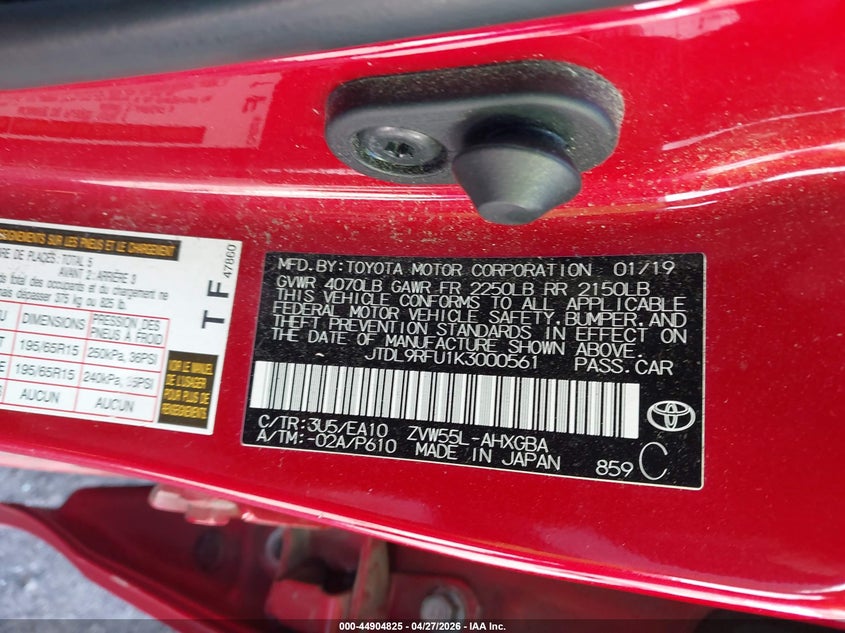 2019 Toyota Prius VIN JTDL9RFU1K3000561 IAAI salvage auction — REAR END, Salvage (Massachusetts), sold $7,050 on 2026-07-14 (photo 9)