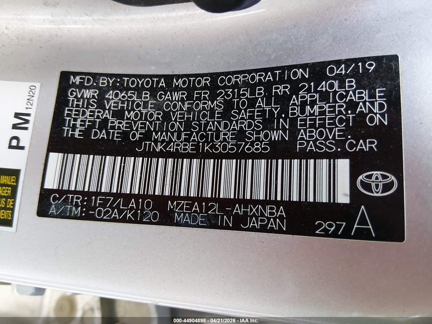 2019 Toyota Corolla VIN JTNK4RBE1K3057685 IAAI salvage auction — RIGHT SIDE, Clear (Missouri), sold $3,775 on 2026-07-30 (photo 9)