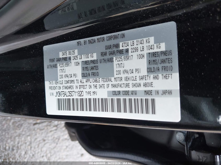 2025 Mazda Cx-5 VIN JM3KFBAL0S0711820 IAAI salvage auction — FRONT END, Salvage (New Jersey), sold $5,600 on 2026-07-31 (photo 9)