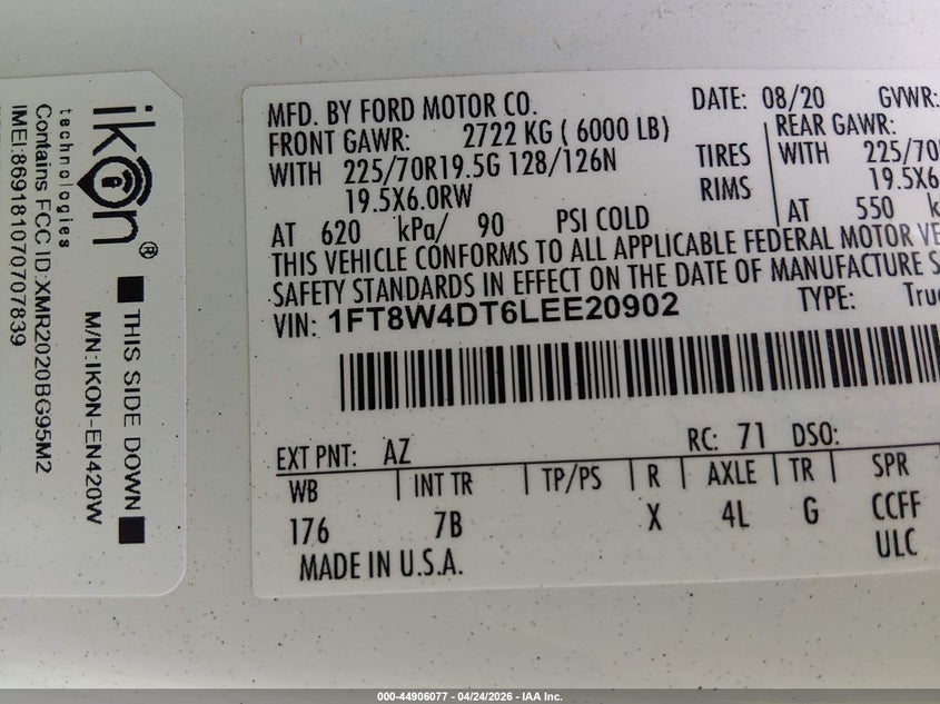 2020 Ford F450 VIN 1FT8W4DT6LEE20902 IAAI salvage auction — FRONT END, Wait Title, sold $27,950 on 2026-07-21 (photo 9)