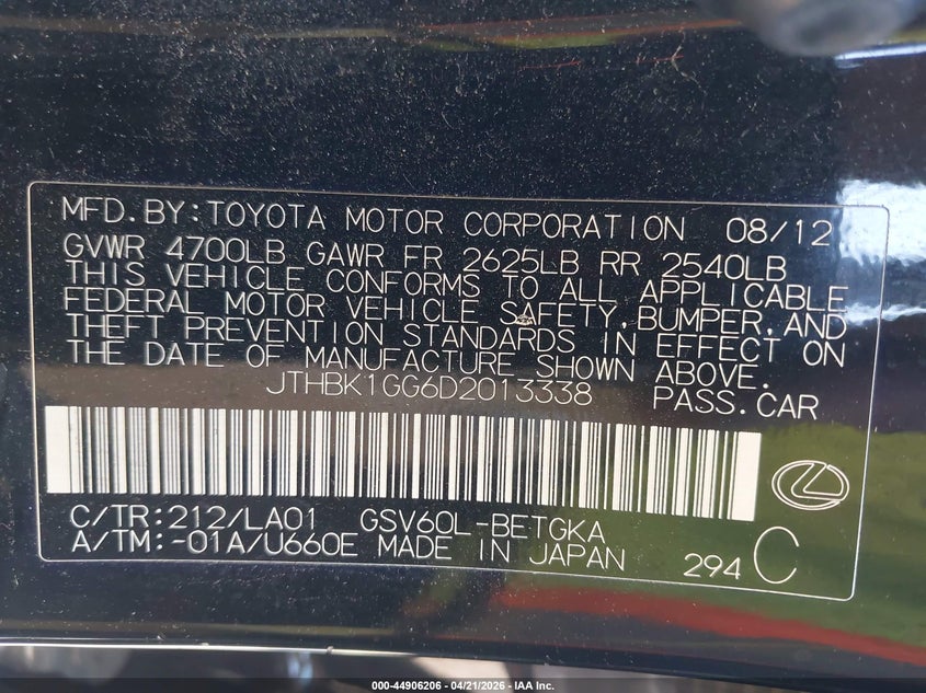 2013 Lexus ES VIN JTHBK1GG6D2013338 IAAI salvage auction — FRESH WATER, Salvage (Indiana), sold $425 on 2026-07-23 (photo 9)