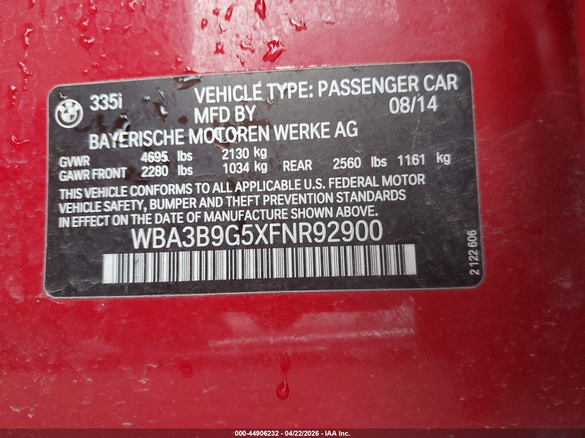 2015 BMW 3er VIN WBA3B9G5XFNR92900 IAAI salvage auction — RIGHT REAR, Salvage (Missouri), sold $3,475 on 2026-08-19 (photo 9)
