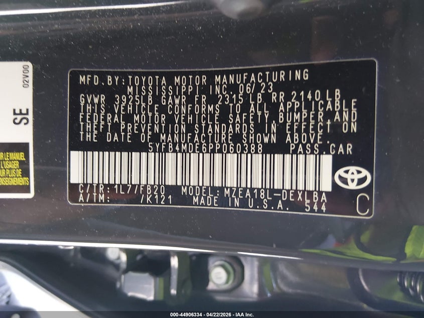 2023 Toyota Corolla VIN 5YFB4MDE6PP060388 IAAI salvage auction — UNDERCARRIAGE, Salvage (Pennsylvania), sold $8,250 on 2026-07-22 (photo 9)