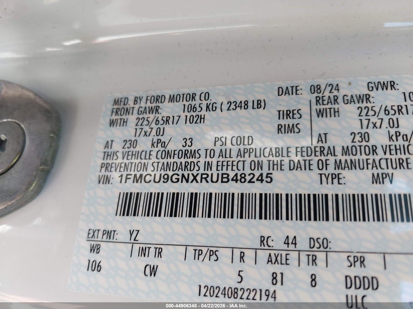 2024 Ford Escape VIN 1FMCU9GNXRUB48245 IAAI salvage auction — SIDE, Wait Title, sold $5,100 on 2026-07-31 (photo 9)