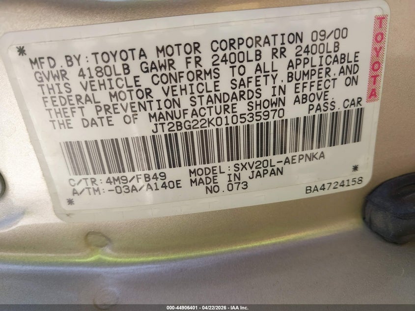 2001 Toyota Camry VIN JT2BG22K010535970 IAAI salvage auction — NORMAL WEAR, Clear-Dealer Only (Arizona), sold $325 on 2026-07-28 (photo 9)