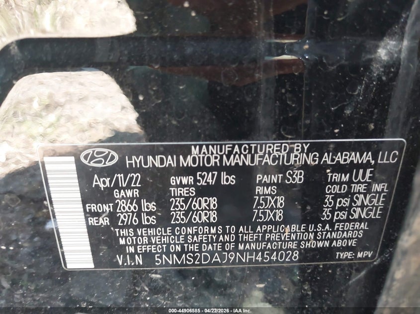 2022 Hyundai Santa fe VIN 5NMS2DAJ9NH454028 IAAI salvage auction — LEFT FRONT, Salvage (Pennsylvania), sold $3,800 on 2026-07-31 (photo 9)