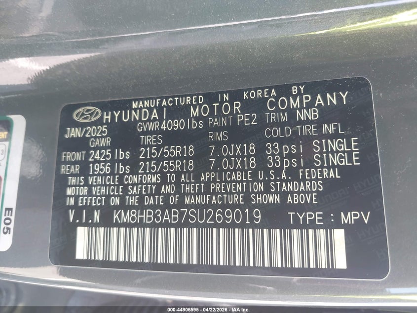2025 Hyundai Kona VIN KM8HB3AB7SU269019 IAAI salvage auction — FRONT END, Salvage (North Carolina), sold $5,700 on 2026-07-29 (photo 9)