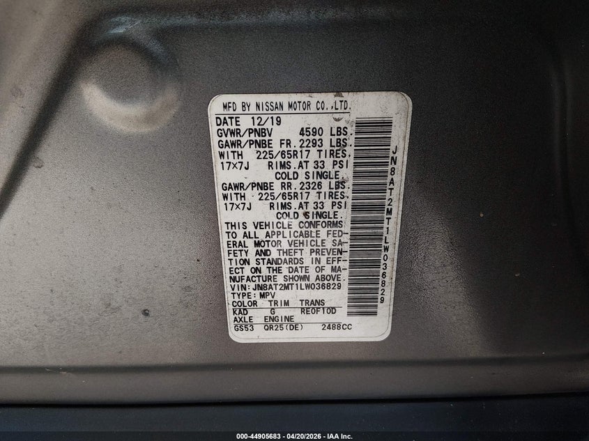 2020 Nissan Rogue VIN JN8AT2MT1LW036829 IAAI salvage auction — REAR END, Certificate Of Destruction (Florida), sold $3,100 on 2026-07-27 (photo 9)