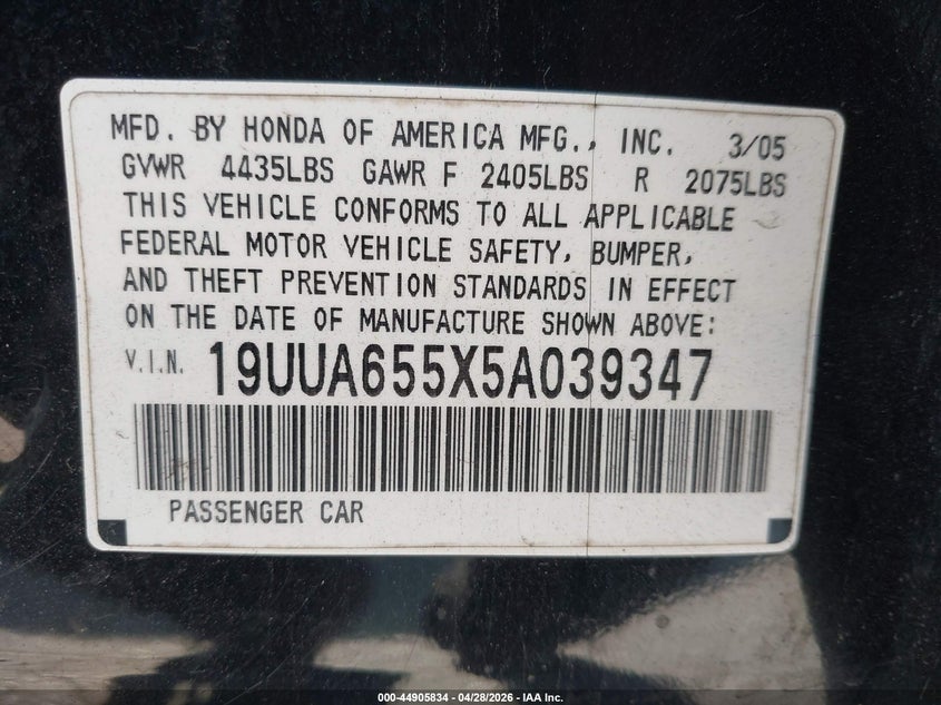 2005 Acura Tl VIN 19UUA655X5A039347 IAAI salvage auction — FRONT END, Salvage (New Hampshire), sold $400 on 2026-07-18 (photo 9)