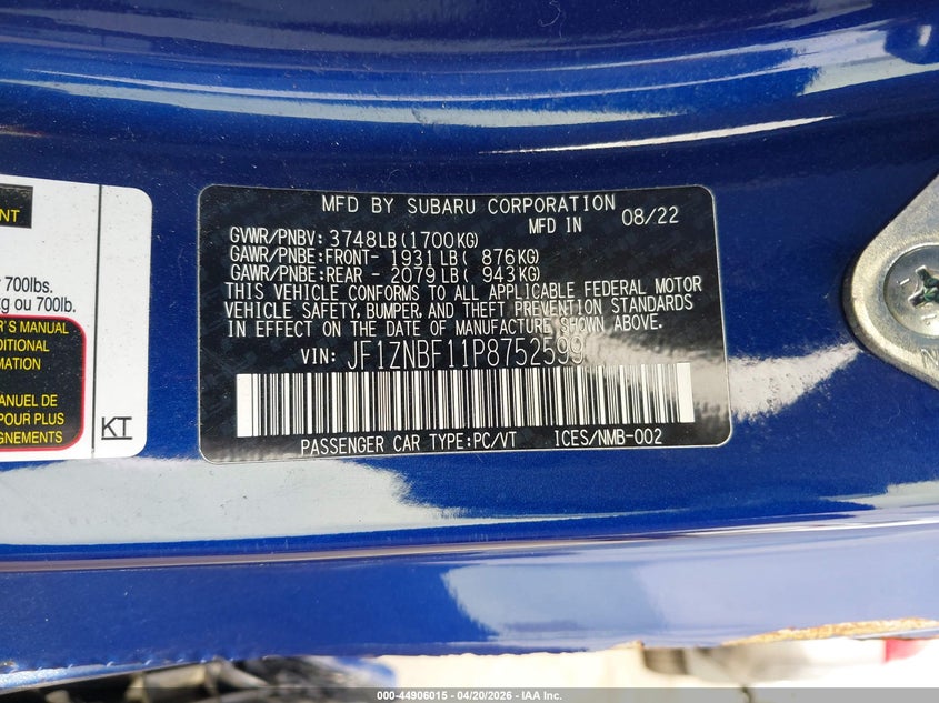 2023 Toyota VIN JF1ZNBF11P8752599 IAAI salvage auction — LEFT SIDE, Salvage Title, sold $2,550 on 2026-07-09 (photo 9)