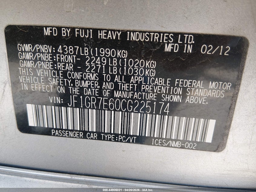 2012 Subaru Impreza VIN JF1GR7E60CG225174 IAAI salvage auction — LEFT FRONT, Salvage (Colorado), sold $1,225 on 2026-07-14 (photo 9)
