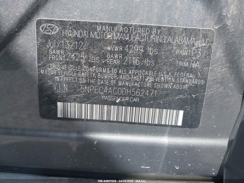 2013 Hyundai Sonata VIN 5NPEC4AC0DH562471 IAAI salvage auction — LEFT FRONT, Salvage (Kentucky), sold $900 on 2026-07-21 (photo 9)