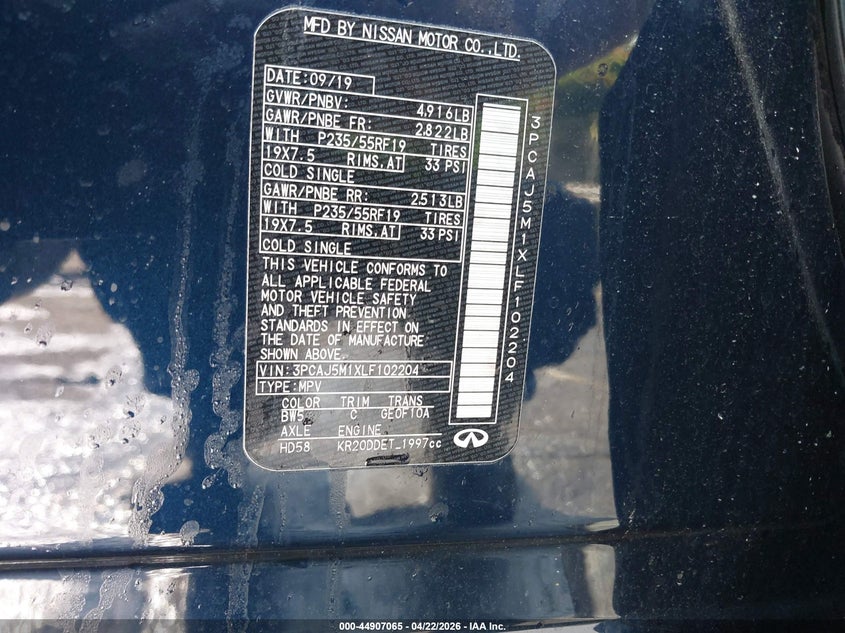 2020 Infiniti Qx50 VIN 3PCAJ5M1XLF102204 IAAI salvage auction — FRONT END, Salvage (North Carolina), sold $4,200 on 2026-07-09 (photo 9)