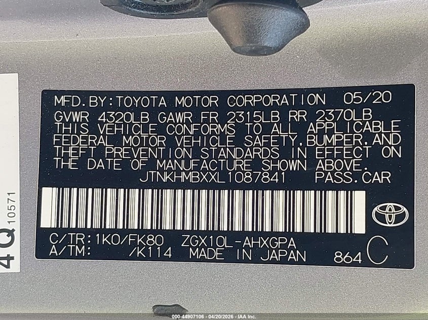 2020 Toyota C-hr VIN JTNKHMBXXL1087841 IAAI salvage auction — FRONT END, Rebuildable (Florida), sold $7,250 on 2026-07-14 (photo 9)