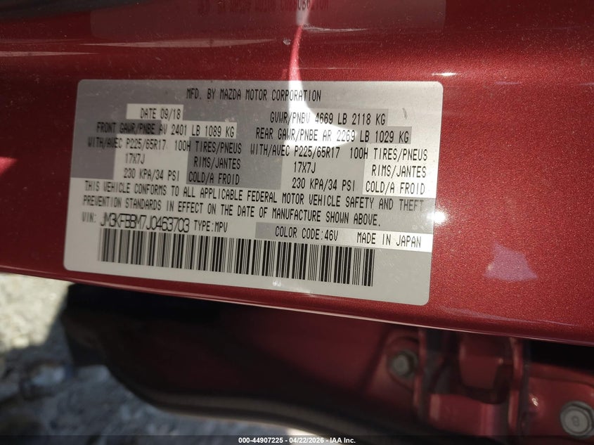 2018 Mazda Cx-5 VIN JM3KFBBM7J0463703 IAAI salvage auction — FRONT END, Clear (Wisconsin), sold $3,850 on 2026-07-30 (photo 9)