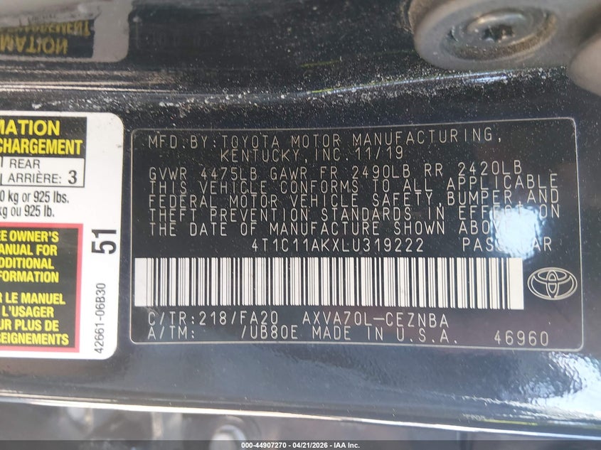 2020 Toyota Camry VIN 4T1C11AKXLU319222 IAAI salvage auction — FRONT END, Salvage (South Carolina), sold $3,500 on 2026-08-01 (photo 9)