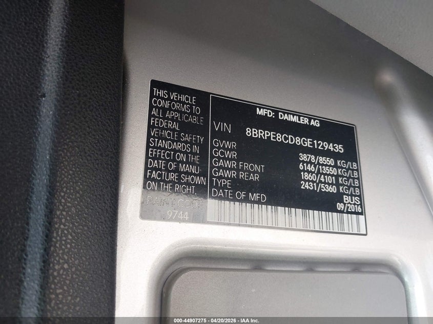 2016 Mercedes-benz Sprinter VIN 8BRPE8CD8GE129435 IAAI salvage auction — ALL OVER, Rebuildable (Florida), sold $2,875 on 2026-07-22 (photo 9)