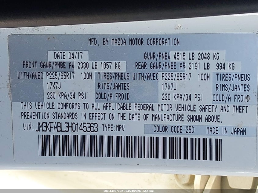 2017 Mazda Cx-5 VIN JM3KFABL3H0145363 IAAI salvage auction — FRONT END, Salvage (Kansas), sold $3,450 on 2026-07-29 (photo 9)