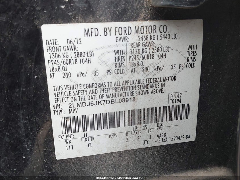 2013 Lincoln Mkx VIN 2LMDJ6JK7DBL08918 IAAI salvage auction — LEFT & RIGHT, Salvage Title, sold $800 on 2026-07-09 (photo 9)