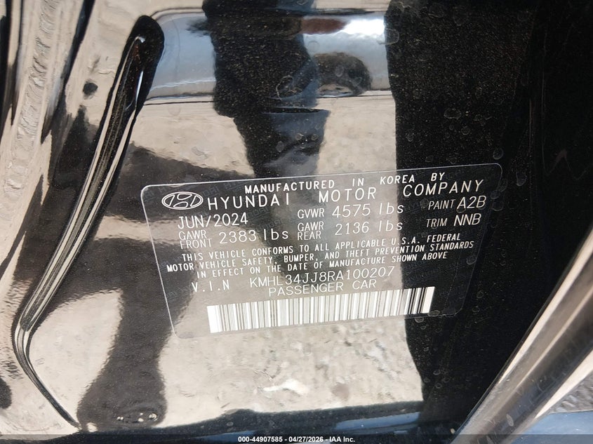 2024 Hyundai Sonata VIN KMHL34JJ8RA100207 IAAI salvage auction — FRONT & REAR, Salvage (Tennessee), sold $6,775 on 2026-07-08 (photo 9)