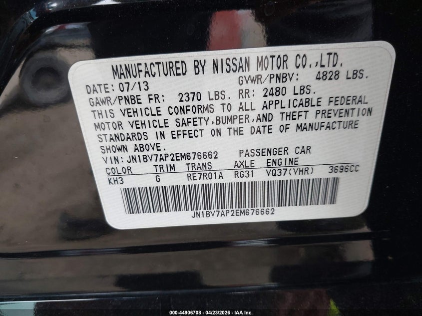 2014 Infiniti Q50 VIN JN1BV7AP2EM676662 IAAI salvage auction — REAR END, Salvage (Oklahoma), sold $2,250 on 2026-07-15 (photo 9)