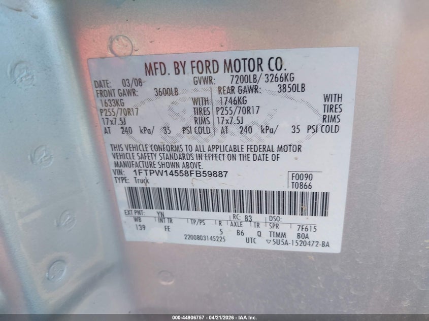 2008 Ford F-150 VIN 1FTPW14558FB59887 IAAI salvage auction — REAR END, Regular (South Dakota), sold $650 on 2026-07-31 (photo 9)