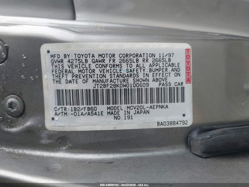 1998 Toyota Camry VIN JT2BF28K0W0100609 IAAI salvage auction — FRONT END, Bill Of Sale (Washington), sold $400 on 2026-07-22 (photo 9)