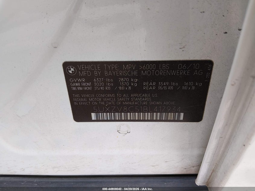 2011 BMW X5 VIN 5UXZV8C51BL417934 IAAI salvage auction — FRONT END, Original (Texas), sold $1,425 on 2026-07-15 (photo 9)