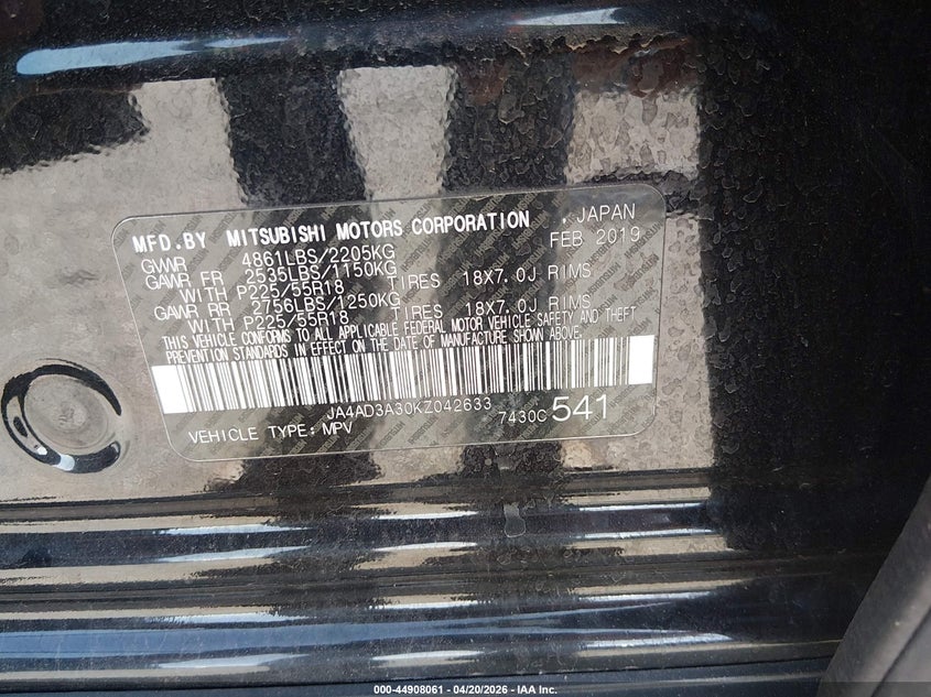 2019 Mitsubishi Outlander VIN JA4AD3A30KZ042633 IAAI salvage auction — FRONT END, Salvage (Colorado), sold $2,900 on 2026-07-14 (photo 9)