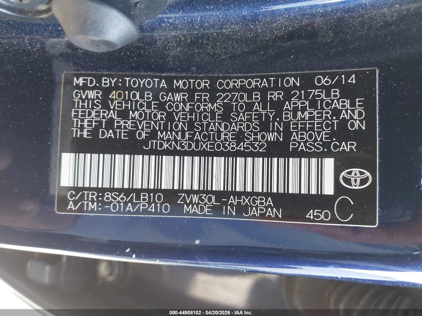 2014 Toyota Prius VIN JTDKN3DUXE0384532 IAAI salvage auction — NORMAL WEAR, Clear - Dealer Only (California), sold $575 on 2026-07-22 (photo 9)