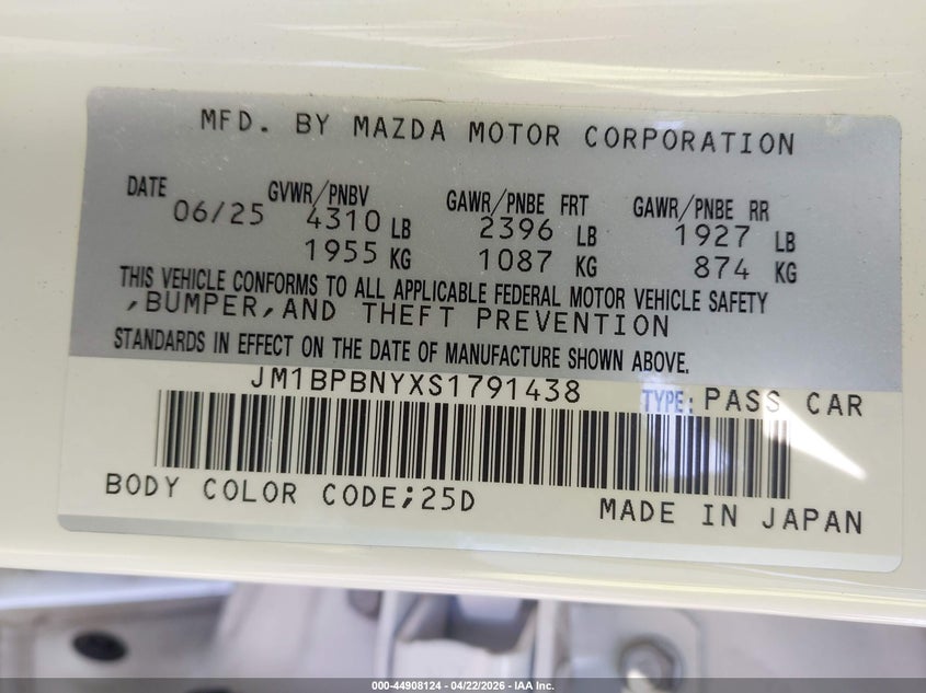2025 Mazda 3 VIN JM1BPBNYXS1791438 IAAI salvage auction — FRONT END, Salvage Title, sold $6,600 on 2026-07-09 (photo 9)