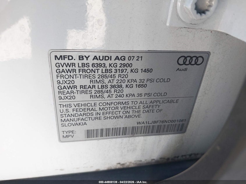 2022 Audi Q7 VIN WA1LJBF76ND001061 IAAI salvage auction — FRONT END, Rebuildable (Florida), sold $13,100 on 2026-07-28 (photo 9)
