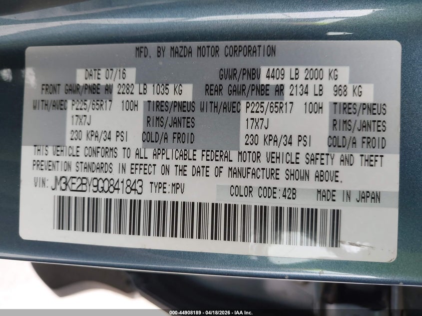 2016 Mazda Cx-5 VIN JM3KE2BY9G0841843 IAAI salvage auction — SIDE, Salvage (Texas), sold $1,500 on 2026-07-08 (photo 9)