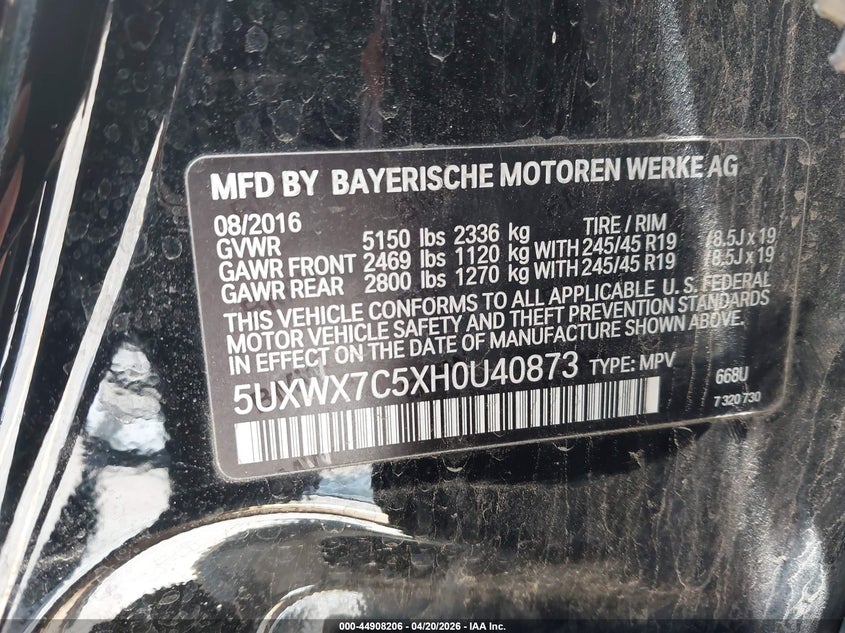 2017 BMW X3 VIN 5UXWX7C5XH0U40873 IAAI salvage auction — FRONT END, Salvage Title, sold $975 on 2026-07-20 (photo 9)