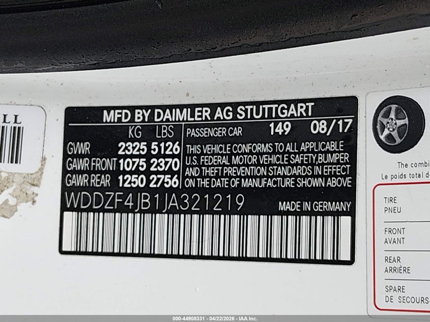 2018 Mercedes-benz E-klasse VIN WDDZF4JB1JA321219 IAAI salvage auction — LEFT SIDE, Clear (Oklahoma), sold $7,500 on 2026-07-28 (photo 9)