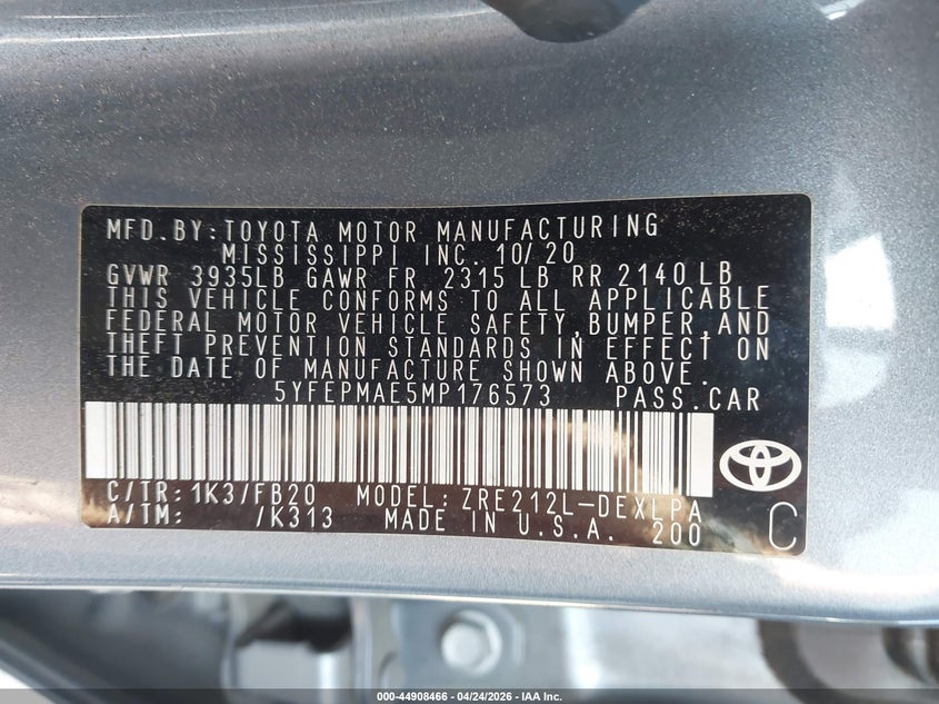 2021 Toyota Corolla VIN 5YFEPMAE5MP176573 IAAI salvage auction — RIGHT SIDE, Wait Title, sold $25 on 2026-07-23 (photo 9)