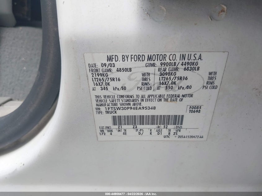 2004 Ford F350 VIN 1FTSW30P94EA95348 IAAI salvage auction — REAR END, Original (Texas), sold $1,500 on 2026-07-09 (photo 9)